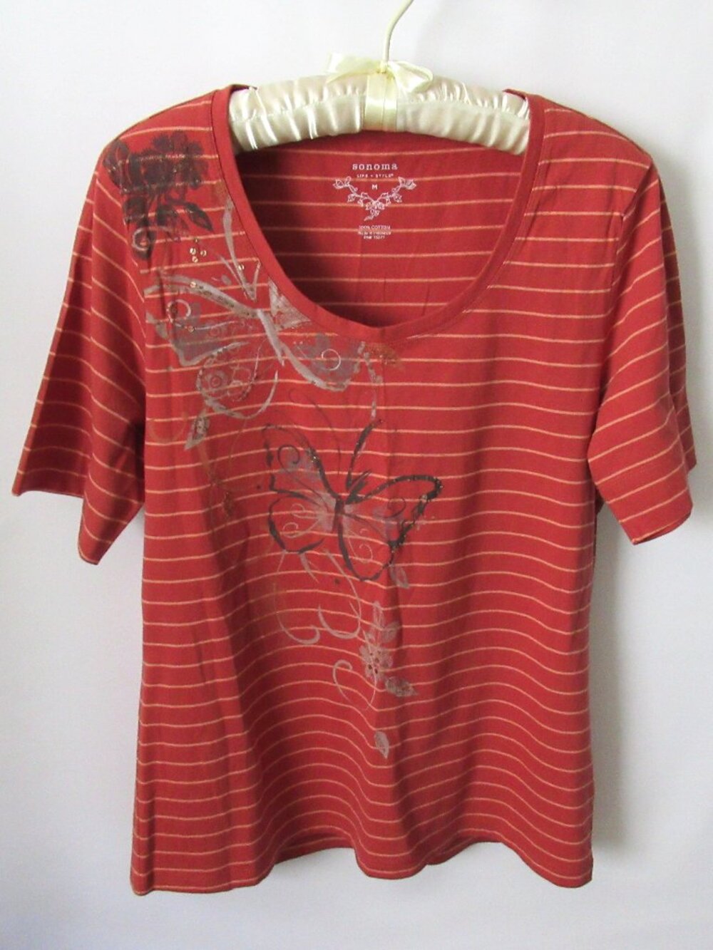 Sonoma brick red scoop neck beaded striped short sleeve tee *Sz M*